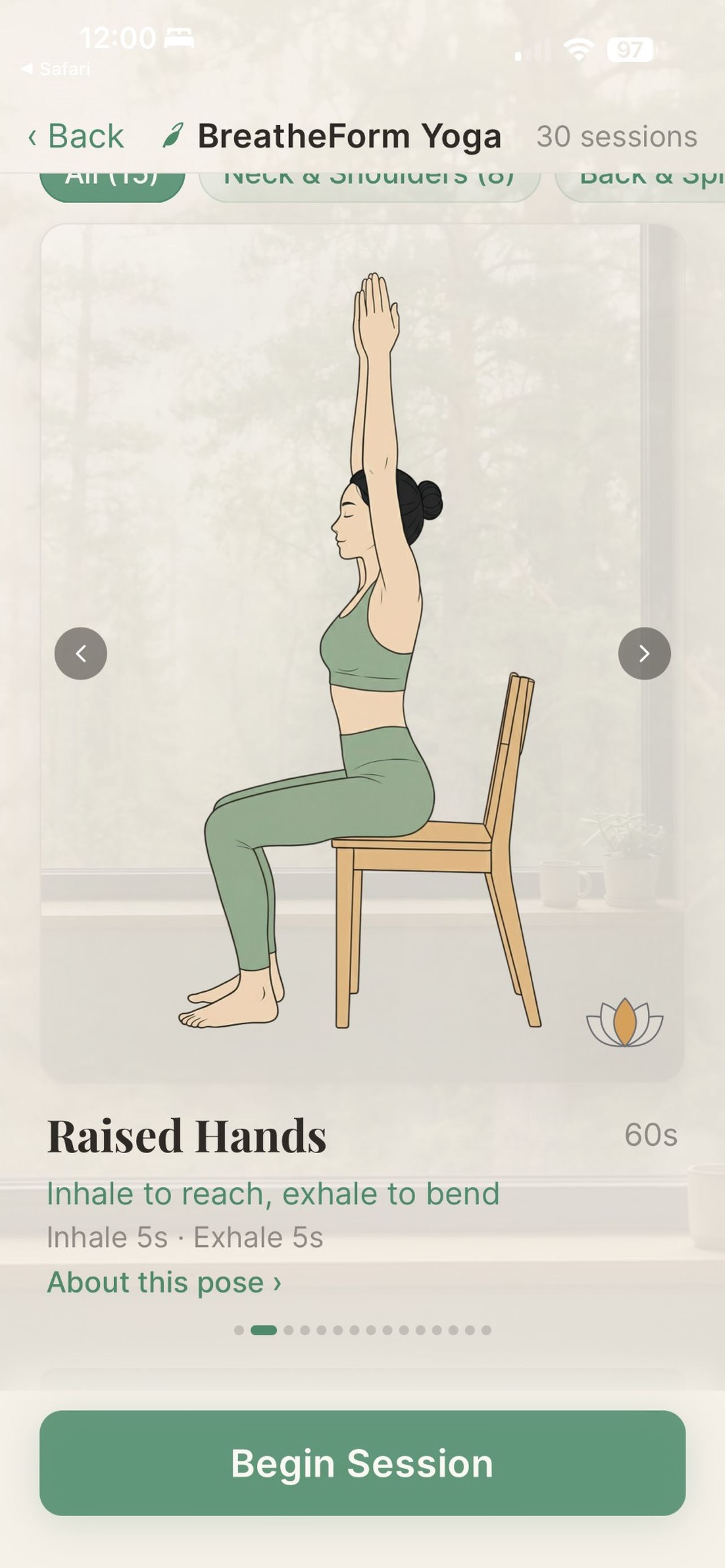 BreatheForm Yoga app showing a chair yoga pose